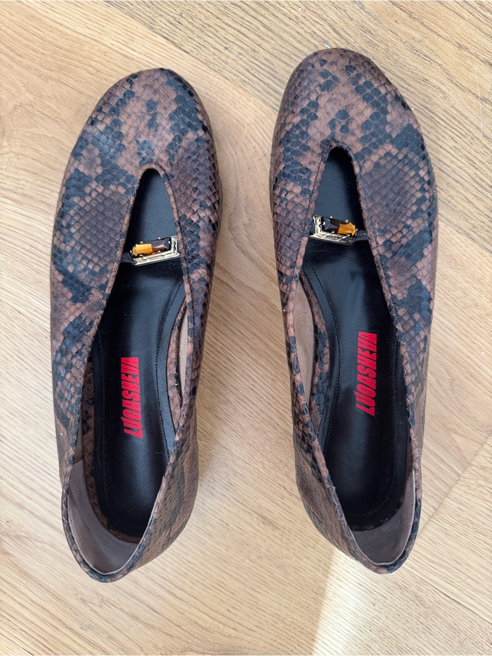 LUCASHEVA LOLA Brown Snake-effect Leather Pumps Ballet kitten heel 39 - Picture 6 of 7